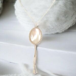 HANDMADE MACRAME STATEMENT NECKLACE WITH IRIDESCENT STONE & TASSEL